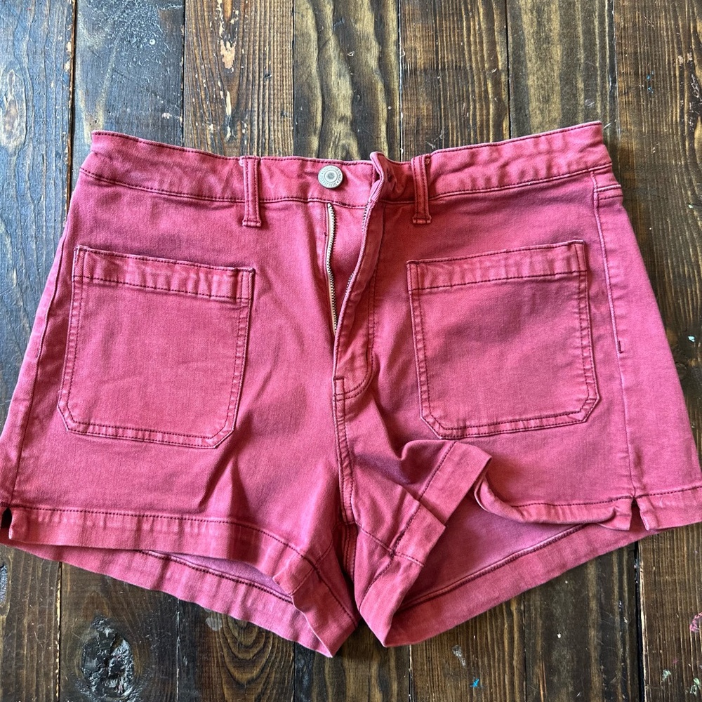 American Eagle Maroon Super Stretch X Hi Rise Shortie Jean Shorts Sz 14